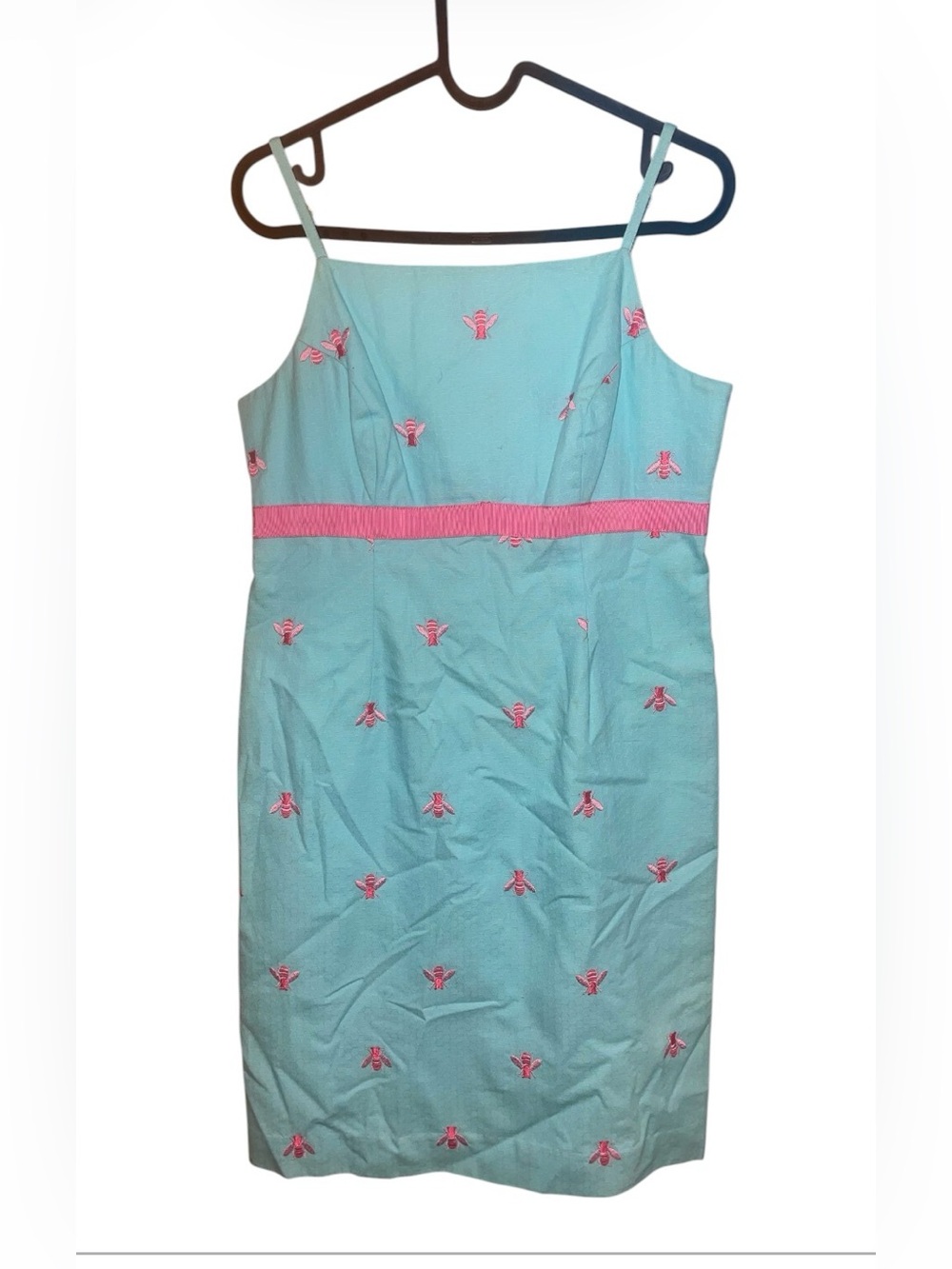 Lilly Pulitzer Aqua Blue Embroidered Bee Spaghetti Strap Dress  Pink Waistband